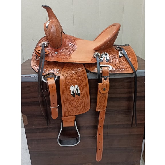 Leather Western Barrel Horse Saddle Floral Hand Carved Hard Seat 16" With Tack Set