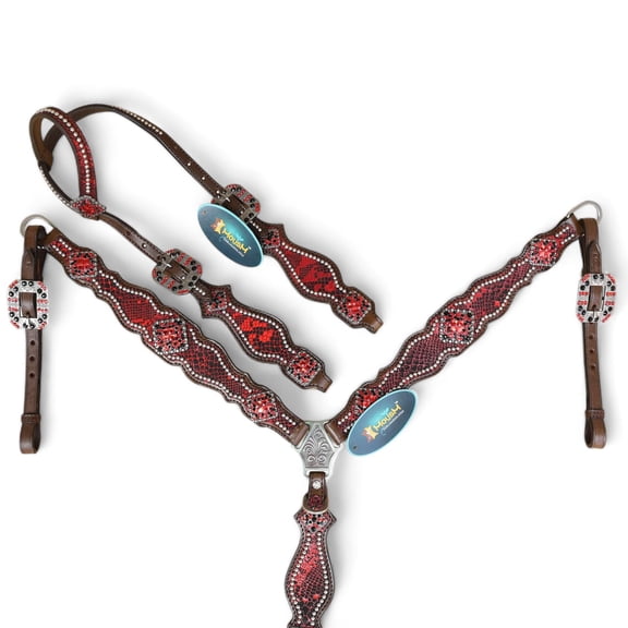 Leather Western Headstall Tack Set for Horses, Decorated with Red Metallic Snake Print
