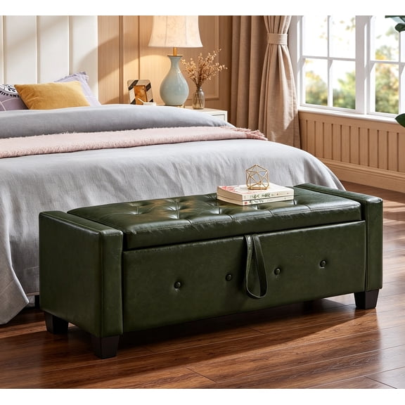 Leather Window Bench with Storage, End of Bed Storage Bench with Cushion, Upholstered Bed Ottoman Bench for Living Room, Hallway, Bedroom, End of Bed, Dark Green
