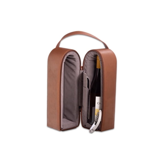 Leather Wine Caddy for Two Bottles with Bar Tool (Corkscrew, Opener, Foil Cutter)