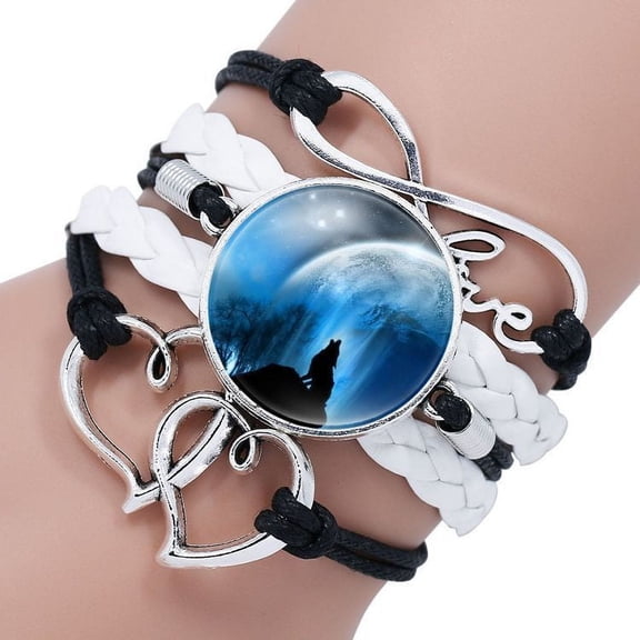Women's Leather Wolf Bracelet with Crystal Gemstones and European Charms Multi-Layered Adjustable Fashion Jewelry for