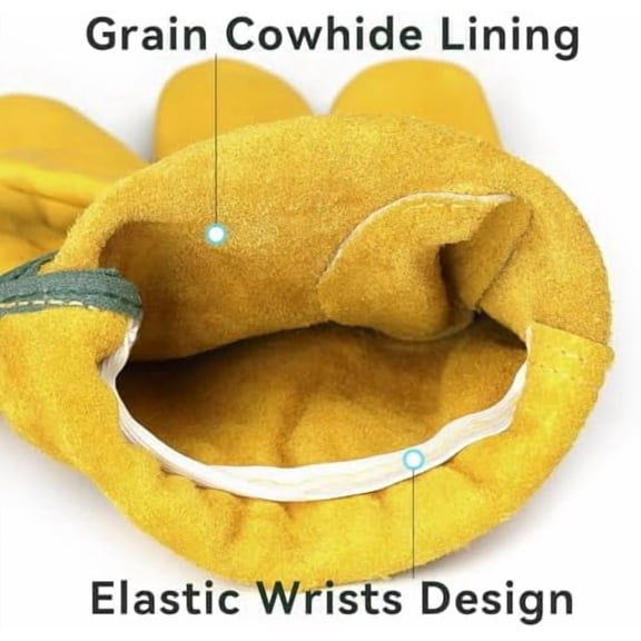 Leather Work Gloves Flex Grip Tough Cowhide Gardening Glove for Wood Cutting/Construction/Driving/Garden for Men and Women 1 Pair (Gold,Large)