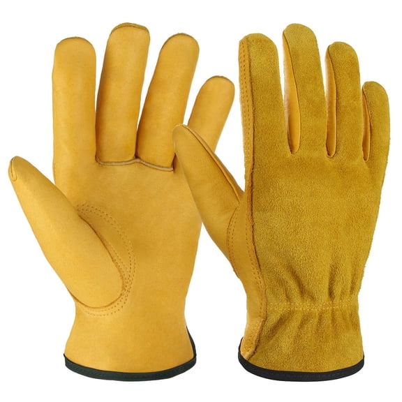 Leather Work Gloves Flex Grip Tough Cowhide Gardening Glove for Wood Cutting/Construction/Driving/Garden for Men and Women 1 Pair (Gold,Large)