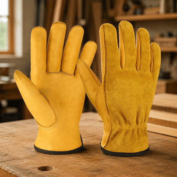 Leather Work Gloves Flex Grip Tough Cowhide Gardening Glove for Wood Cutting/Construction/Driving/Garden for Men and Women 1 Pair (Gold,Large)
