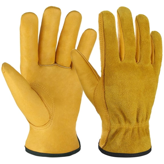 Leather Work Gloves Flex Grip Tough Cowhide Gardening Glove for Wood Cutting/Construction/Driving/Garden for Men and Women 1 Pair (Gold,Large)