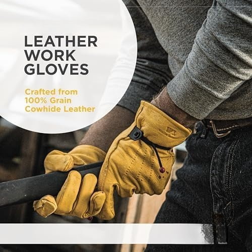 Leather Work Gloves for Men – Heavy Duty, Cowhide, Abrasion & Puncture Resistant – Adjustable Wrist, Gunn Cut Design, Ideal for Ranching, Farming, Construction - Saddletan - L