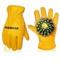 FEISHDEK Leather Work Gloves, Heavy Duty Cowhide Safety Working Gloves for Unisex with Palm Patch (Large)