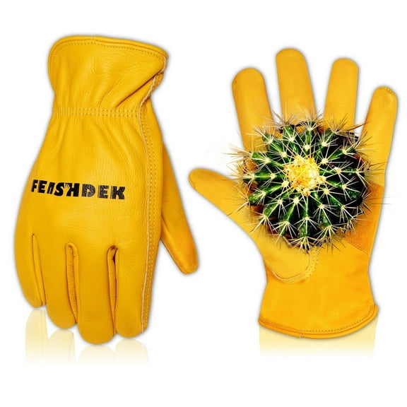 FEISHDEK Leather Work Gloves, Heavy Duty Cowhide Safety Working Gloves for Unisex, Palm Patch (X-Large)