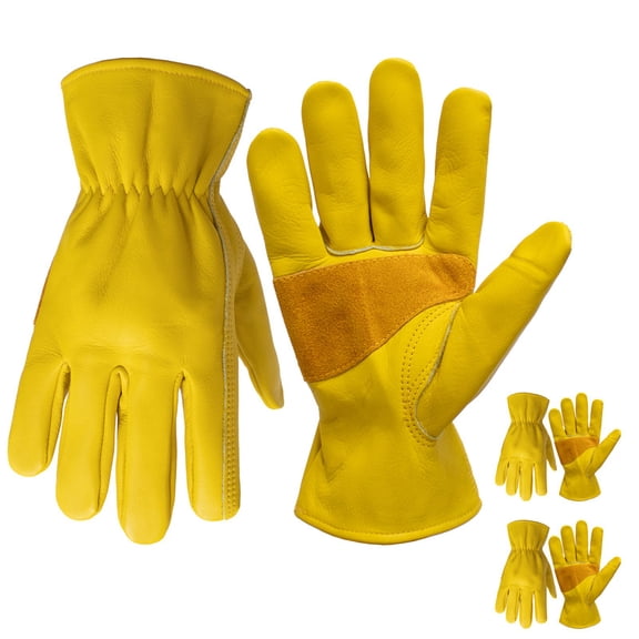 Leather Work Gloves for Men Women Cowhide Garden Gloves ,Multi-Use for Gardening,Working,Construction,Ranch 2 Pairs Yellow L