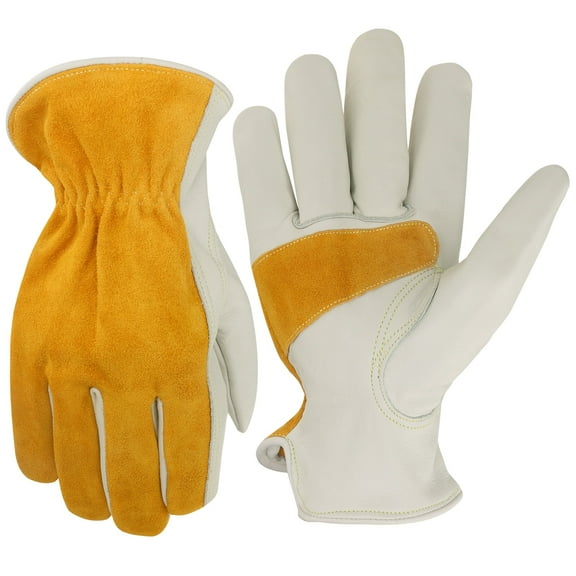 Leather Work Gloves for Men Women, Yellow Mens Leather Working Gloves,Gardening Gloves,Cowhide Work Gloves for Construction, Chainsaw, Farm, Ranch.