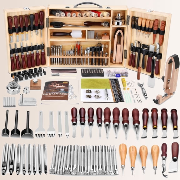 Leather Working Kit, Boxed Leather Tooling Kit, Leather Crafting Tool Kit, Cutting, Punching, Carving, Heavy Duty Leather Sewing Kit Professional Leather Working Tools and Supplies