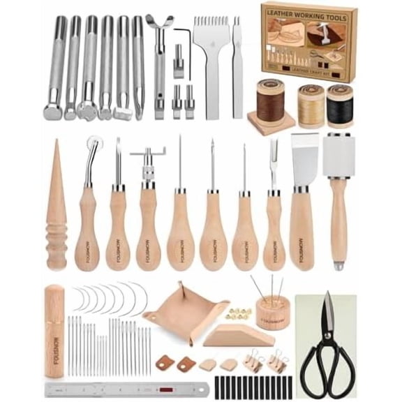 Leather Working Kit Leather Working Tools, Ergonomically Leathertooling Kit Crafting Supplies with Swivel Knife for Stamping Cutting Punching Stitching Scraping Sewing Polishing Crafts$$Art & Craft