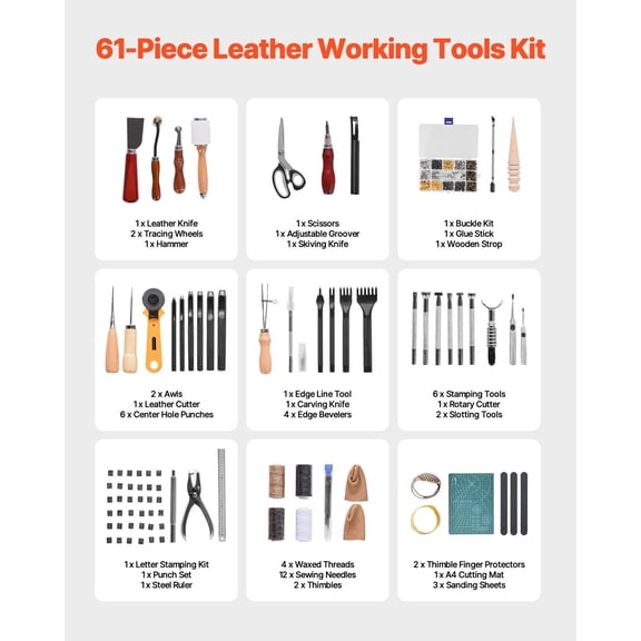 Leather Working Tools Kit,61 PCS Leather Craft Tools with Portable Canvas Storage Bag,Engraving Punching Sewing Stamping Sanding Tools,Ideal for Beginners DIY Enthusiasts&Professionals