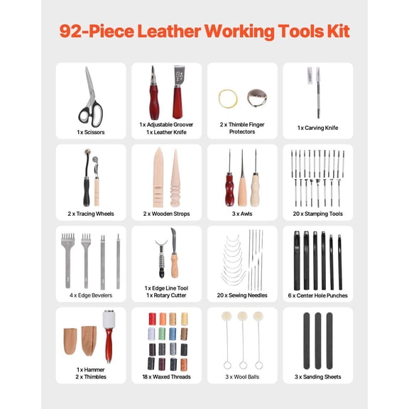 Leather Working Tools Kit,92 PCS Leather Craft Tools with Portable Leather Storage Bag,Engraving Punching Sewing Stamping Sanding Tools,Ideal for Beginners DIY Enthusiasts&Professionals