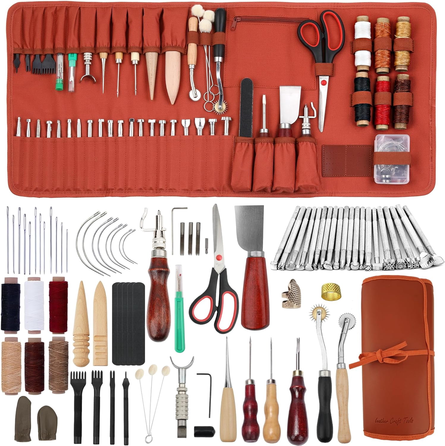 Leather Working Tools Kit with Custom Storage Bag Leather Stamping Tools Leathering Craft Making for Cutting Punching Sewing Carving Stamping