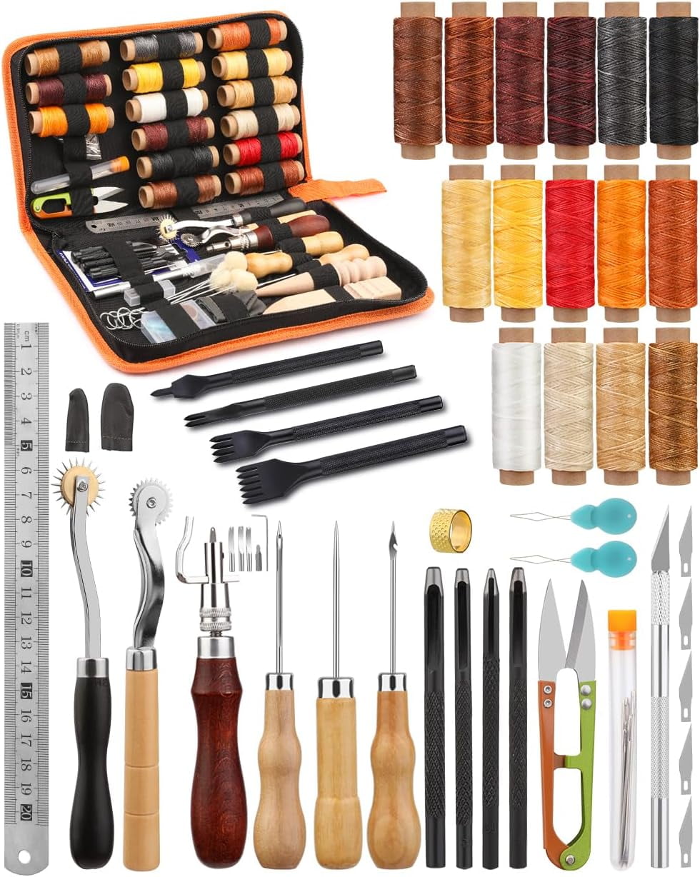 Leather Working Tools, Practical Leather Craft Kit with Waxed Thread Groover Awl Stitching Punch Hole for Leathercraft Beginner or Adults Gifts