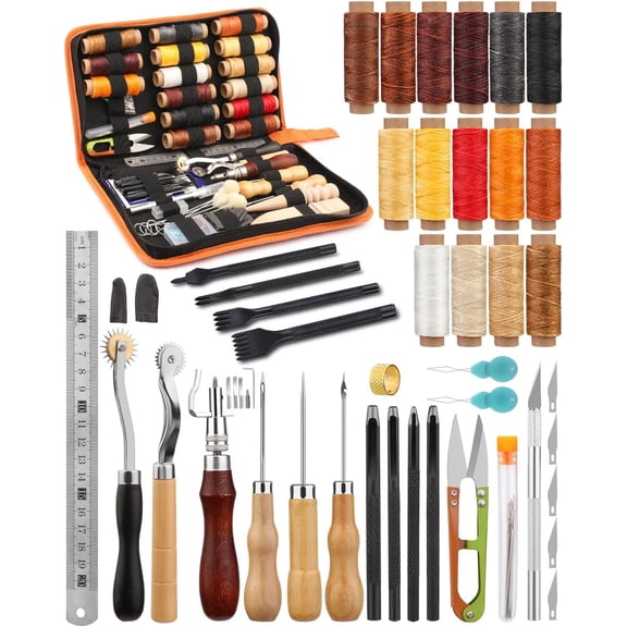 Leather Working Tools, Practical Leather Craft Kit with Waxed Thread Groover Awl Stitching Punch Hole for Leathercraft Beginner or Adults Gifts