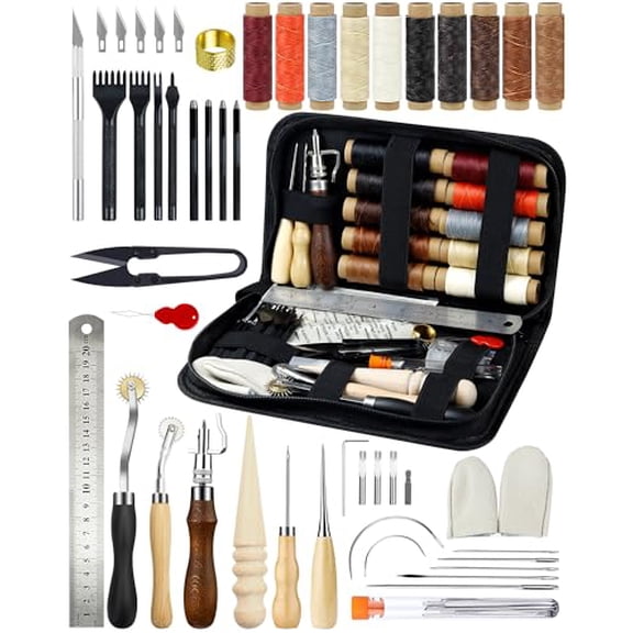 Leather Working Tools for Beginners: Professional Leather Craft Kit with Waxed Thread Groover Awl Stitching Punch for Leathercraft Adults Gifts 02