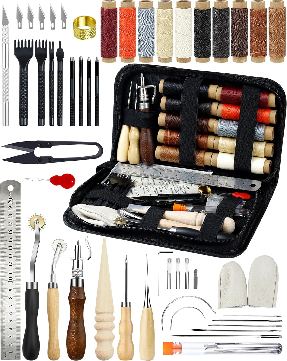 Leather Working Tools for Beginners: Professional Leather Craft Kit with Waxed Thread Groover Awl Stitching Punch for Leathercraft Adults Gifts 02