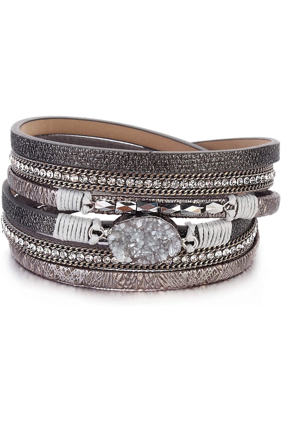 Leather Wrap Bracelet Boho Cuff Bracelets Crystal Bead Bracelet with Magnetic Clasp Jewelry Gifts for Women Teen Girls