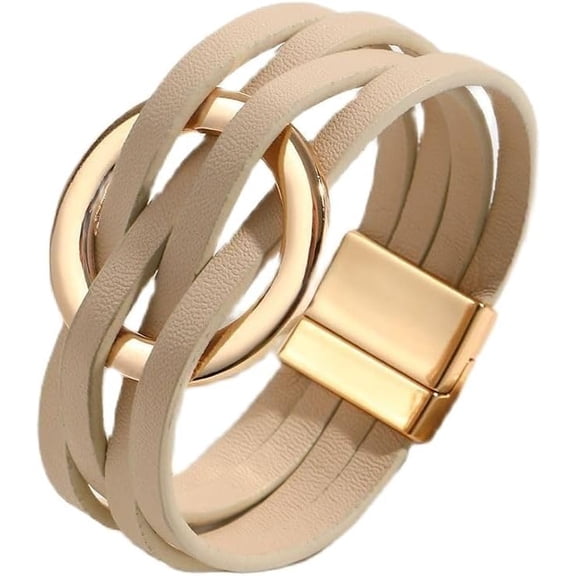 Leather Wrap Bracelet Boho Handmade Circle Charm Layered Cuff Bracelets Multi-Layer Cuff Bangle for Women Men Gift Jewelry