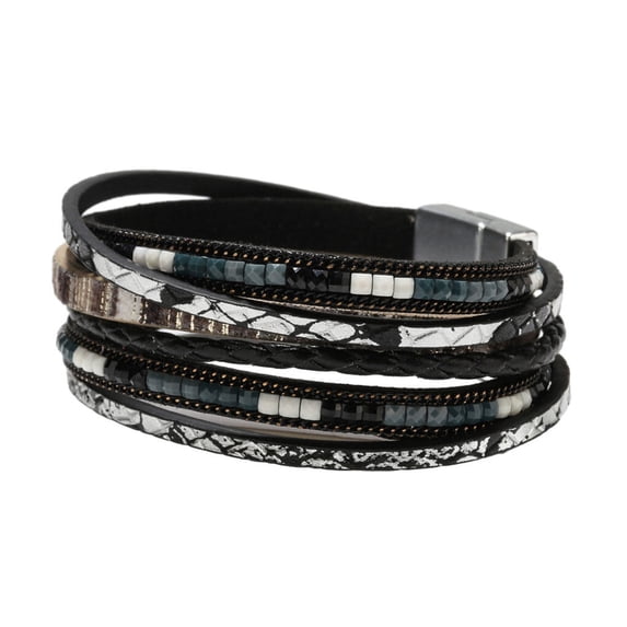 Leather Wrap Bracelets Leopard Multi-Layer Crystal Beads Cuff Bracelet Fashion Woven String Magnetic Snap Women Black