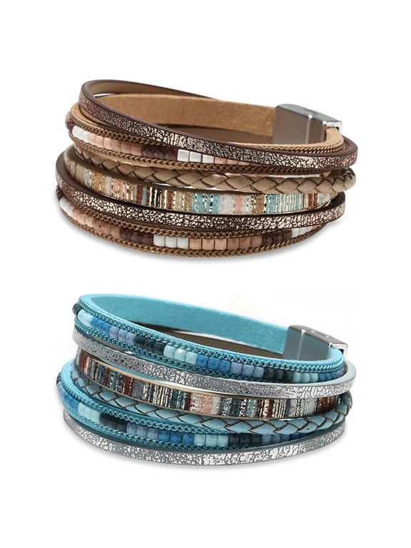 Leather Wrap Bracelets for Women, Boho Leopard Multi-Layer Beads Cuff Bracelet for Women
