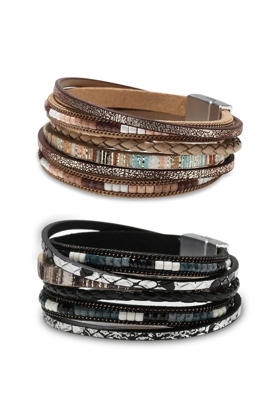 Leather Wrap Bracelets for Women, Boho Leopard Multi-Layer  Beads Cuff Bracelet for Women