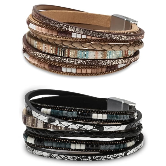 Leather Wrap Bracelets for Women, Boho Leopard Multi-Layer Beads Cuff Bracelet for Women
