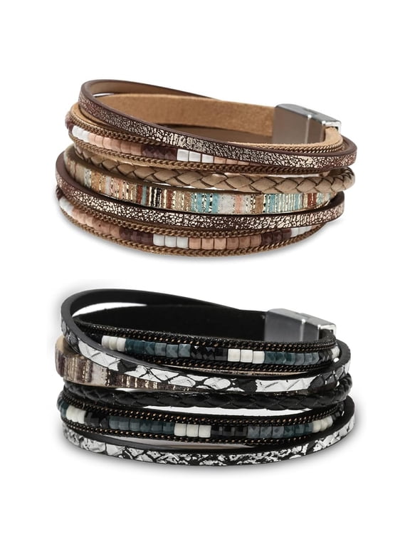Leather Wrap Bracelets for Women, Boho Leopard Multi-Layer Beads Cuff Bracelet for Women