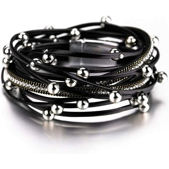 Leather Wrap Bracelets for Women, Boho Leopard Multi-Layer Crystal Beads Cuff Bracelet Jewelry