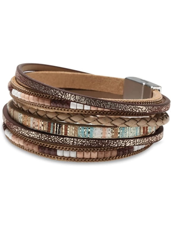 Leather Wrap Bracelets for Women, Boho Leopard Multi-Layer Crystal Beads Cuff Bracelet Jewelry