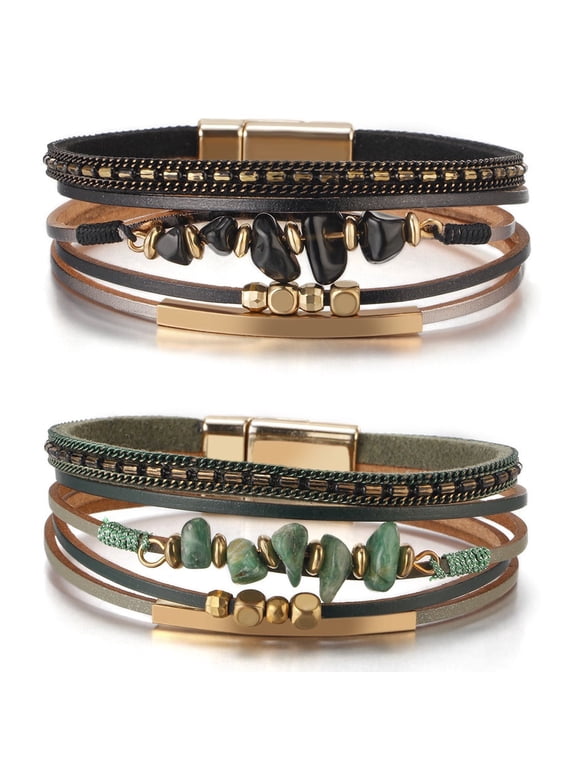 2 Pcs Leather Wrap Bracelets for Women, Boho Leopard Multi-Layer Natural Stone Cuff Bracelet