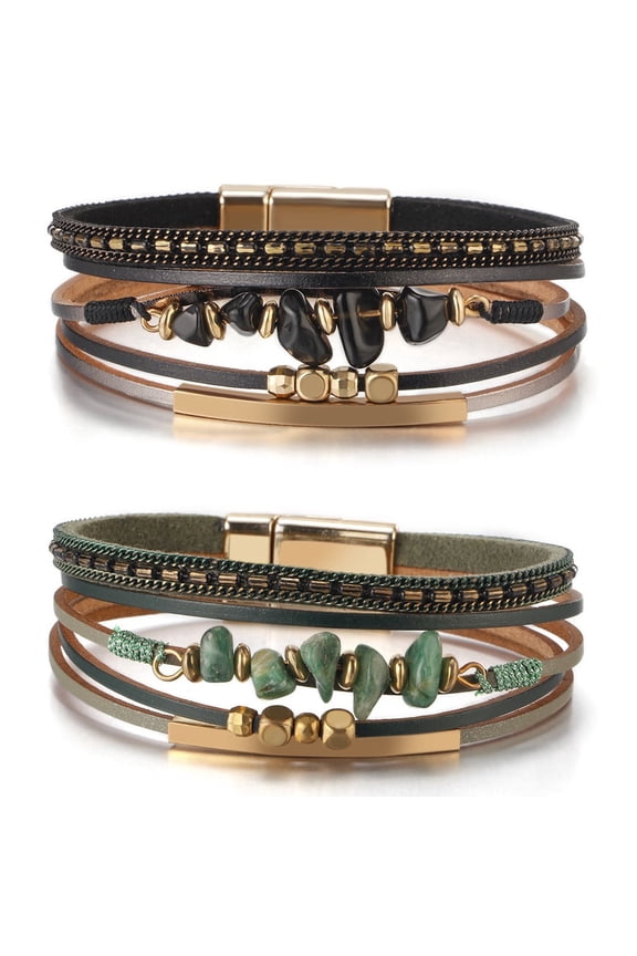 2 Pcs Leather Wrap Bracelets for Women, Boho Leopard Multi-Layer Natural Stone Cuff Bracelet