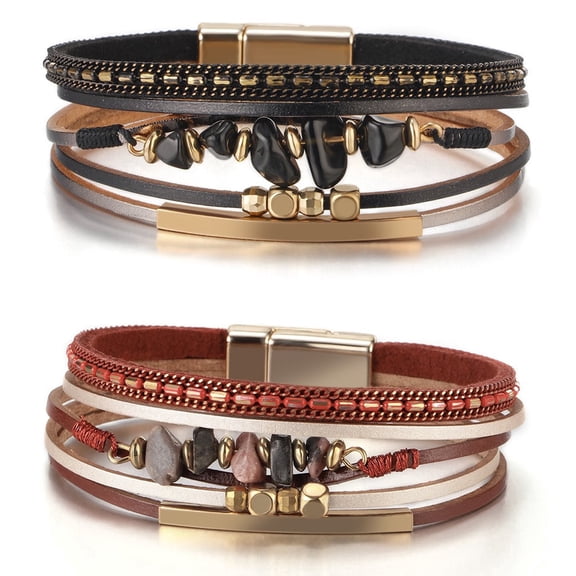 2 Pcs Leather Wrap Bracelets for Women, Boho Leopard Multi-Layer Natural Stone Cuff Bracelet