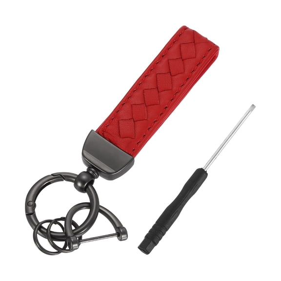 Leather Car Keychain, Universal Key Chain with Anti-Lost D Ring and Dark Gray Key Ring for Key Fob for Women, Men, Red