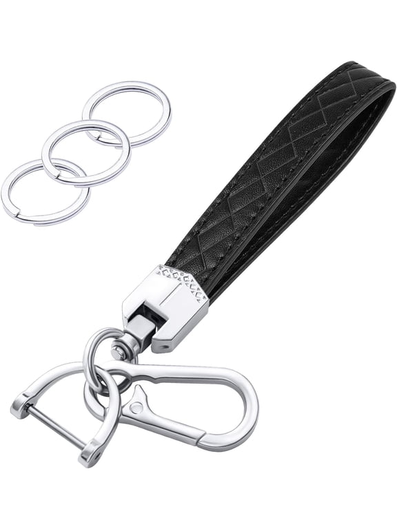Leather Wristlet Keychain,Car Key Chain Wrist Keychain with 3 Key Ring and Anti-Lost D Ring (Black Silver)