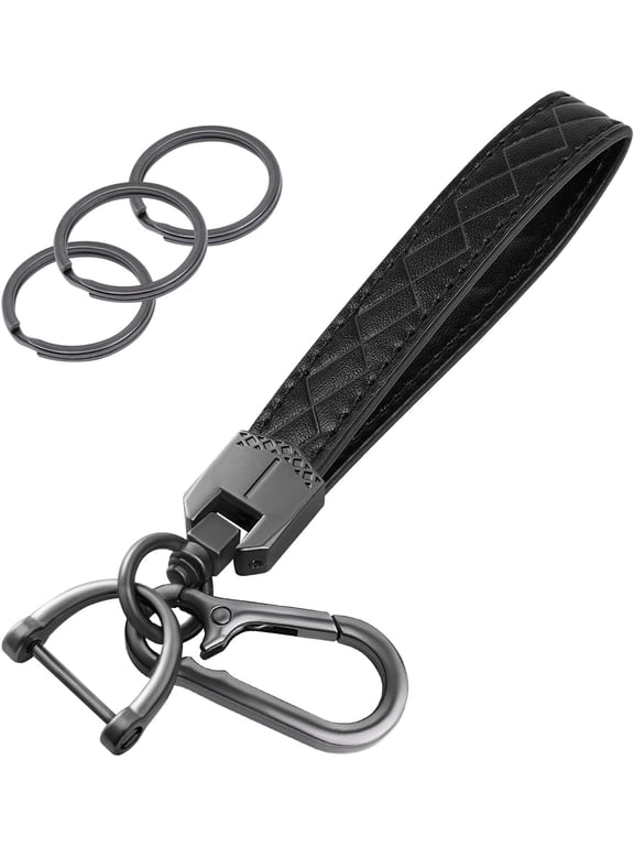 PU Leather Wristlet Keychain with 3 Key Ring and Anti-Lost D Ring (Black)