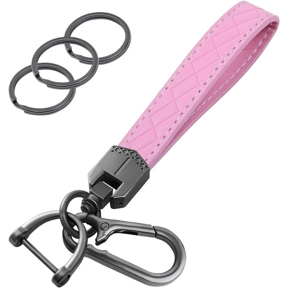 Leather Wristlet Keychain,Car Key Chain Wrist Keychain with 3 Key Ring and Anti-Lost D Ring (Pink Black)