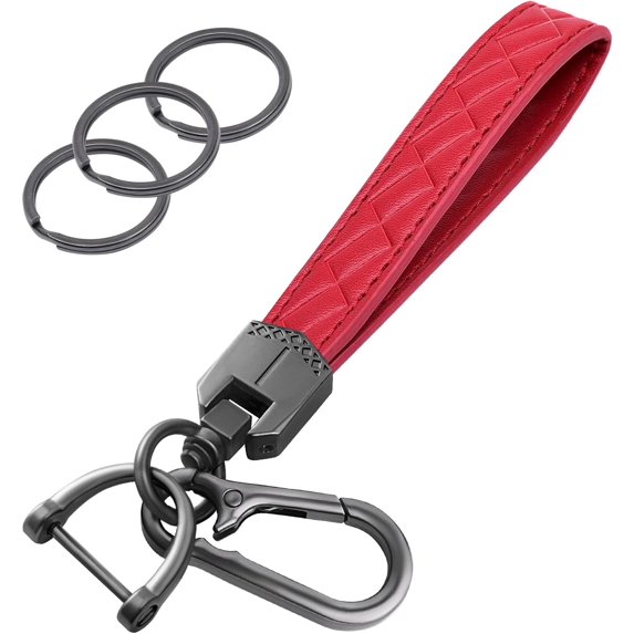 Leather Wristlet Keychain,Car Key Chain Wrist Keychain with 3 Key Ring and Anti-Lost D Ring (Red Black)