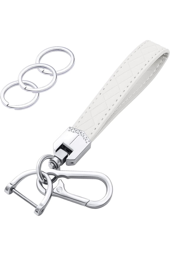 PU Leather Wristlet Keychain with 3 Silver Key Ring and Anti-Lost D Ring (White)