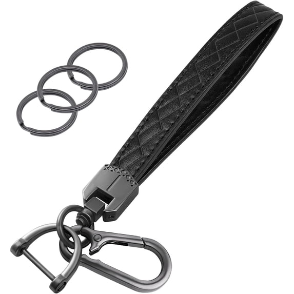 Leather Wristlet Keychain, Car Key Chain Wrist Keychain with 3 Key Ring and Anti-Lost D Ring