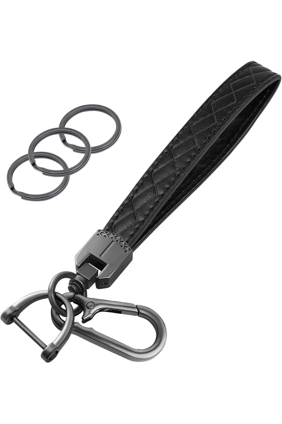 Leather Wristlet Keychain, Car Key Chain Wrist Keychain with 3 Key Ring and Anti-Lost D Ring