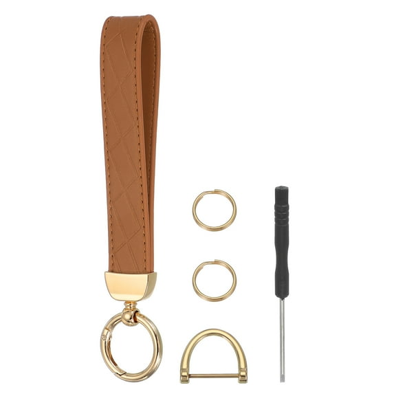 Leather Wristlet Keychain Car Key Chain Wristlet, 7" Key Fob Holder with D Ring and 2 Key Ring Gold Tone/Brown