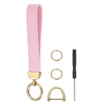 Leather Wristlet Keychain Car Key Chain Wristlet, 7" Key Fob Holder with D Ring and 2 Key Ring Gold Tone/Pink