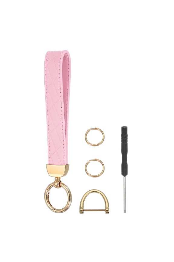 Leather Wristlet Keychain Car Key Chain Wristlet, 7" Key Fob Holder with D Ring and 2 Key Ring Gold Tone/Pink