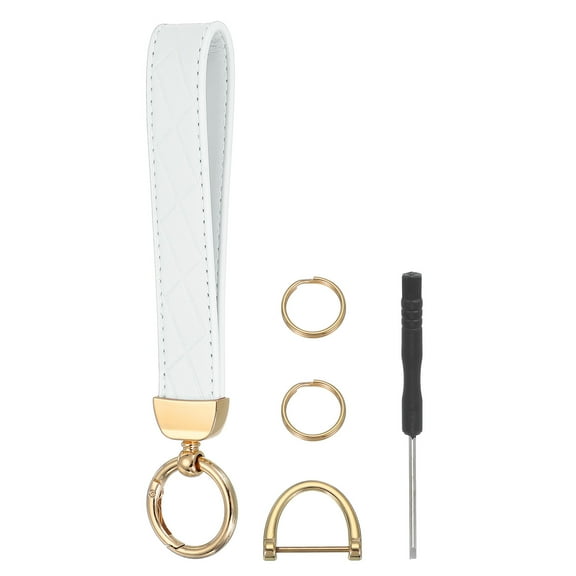 Leather Wristlet Keychain Car Key Chain Wristlet, 7" Key Fob Holder with D Ring and 2 Key Ring Gold Tone/White