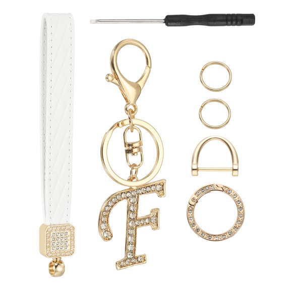 Leather Wristlet Keychain, Chic Letter F Keychains with Key Ring and D Ring Car Keys Keychain Decorative Alphabet Key Chain for Bag Backpack DIY, Gold Tone