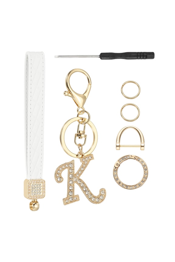 Leather Wristlet Keychain, Chic Letter K Keychains with Key Ring and D Ring Car Keys Keychain Decorative Alphabet Key Chain for Bag Backpack DIY, Gold Tone