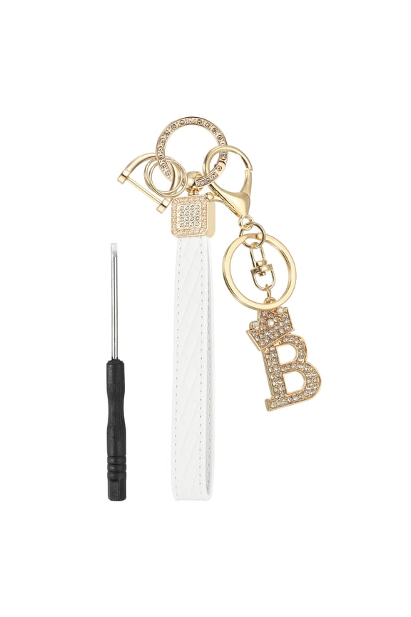Leather Wristlet Keychain, Crown Design Letter B Keychains with Key Ring and D Ring Car Keys Keychain Decorative Alphabet Key Chain for Bag Backpack DIY, Gold Tone